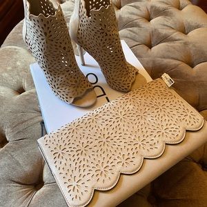 Peeptoe booties with matching clutch/chain handbag